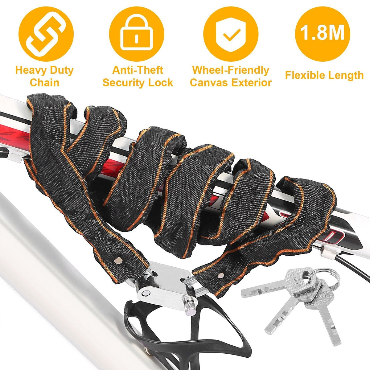 1.8M Bike Chain Lock w/ 3 Keys Heavy Duty Security Lock Bicycle Motorcycle Motor Bike Chain Lock