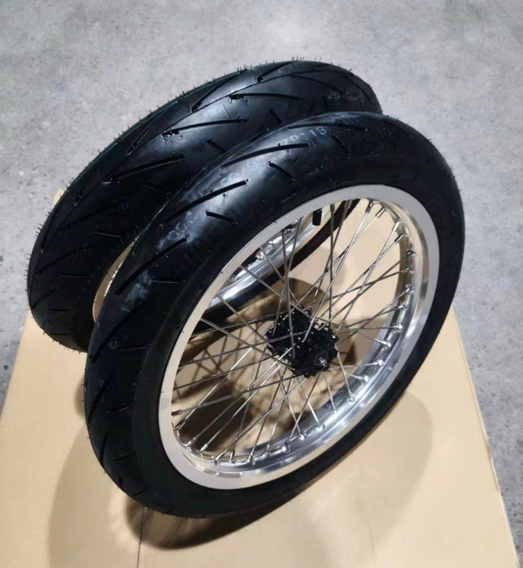 Complete 17in Emoto Super Moto Wheelset (Chrome/Black) - 79Bike/Surron/Eride/Ventus