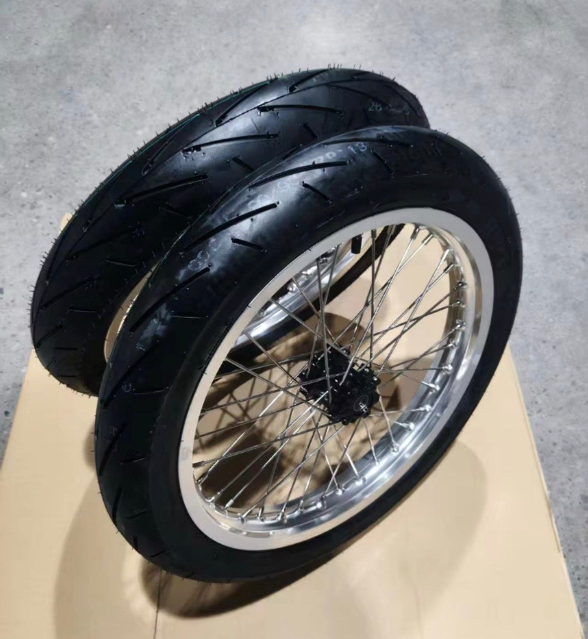 Complete 17in Emoto Super Moto Wheelset (Chrome/Black) - 79Bike/Surron/Eride/Ventus
