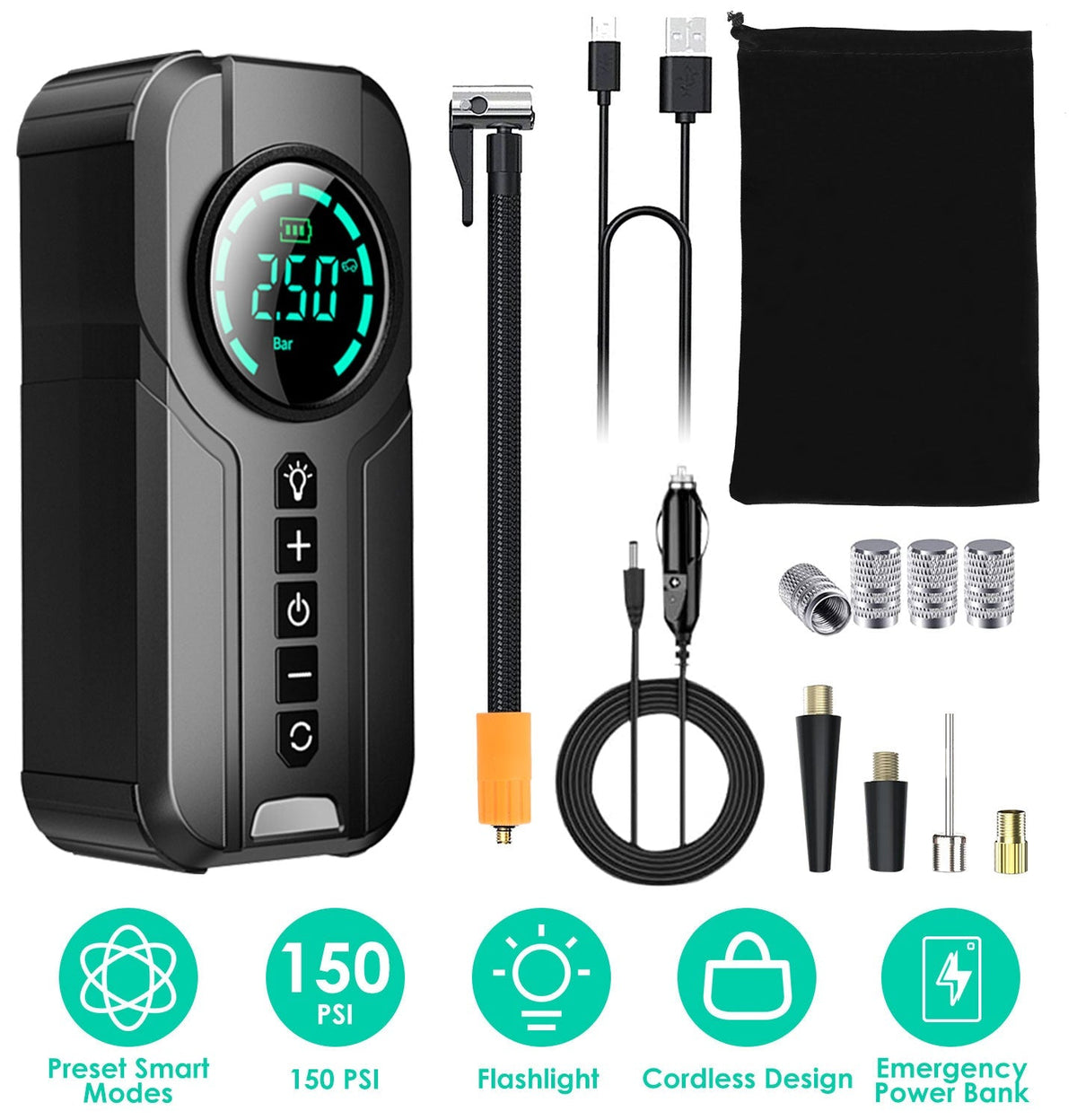 Car Tire Inflator Pump Portable Car Air Compressor Wireless Electric Air Pump 150 PSI with LED Light