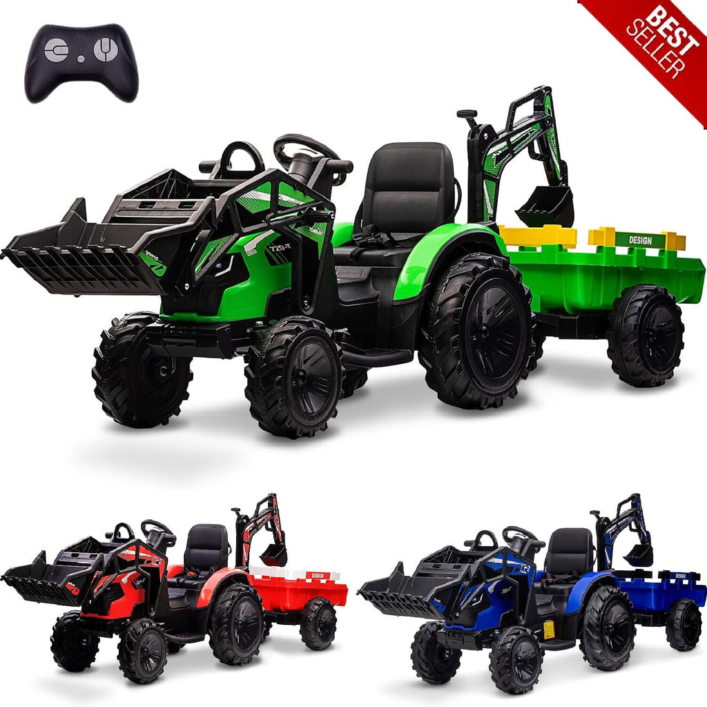24V Electric Ride-On Tractor for Kids with Trailer, Excavator, and Bulldozer Attachments
